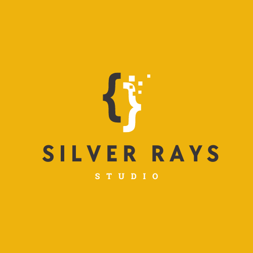 Silver Rays Studio logo with curly braces dissolving into pixels